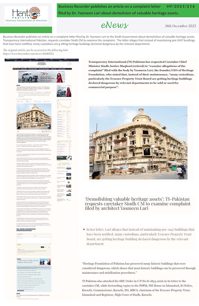 Business Recorder publishes an article on a complaint letter filed by Dr. Yasmeen Lari about demolition of valuable heritage assets.