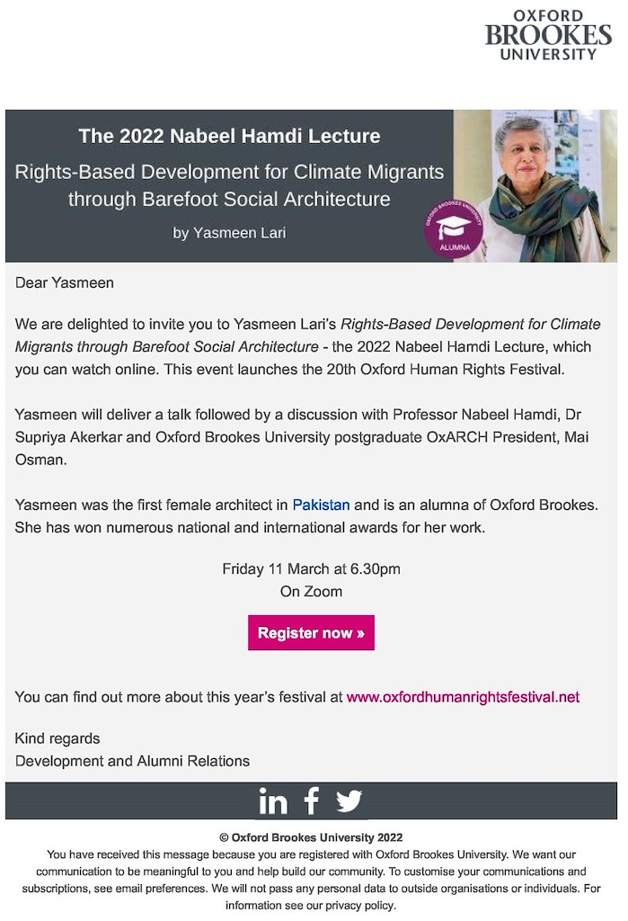 Architect Yasmeen Lari's 2022 Nabeel Hamdi Lecture  on Right-Based Development for Climate Migrants