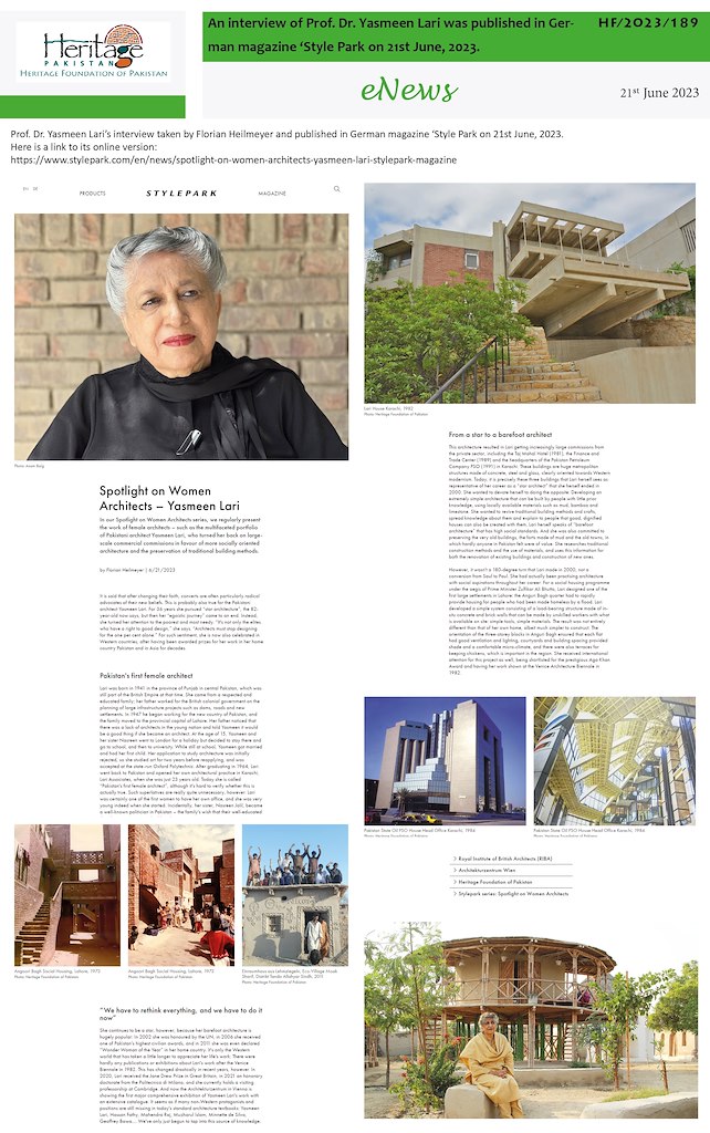 An interview of Prof. Dr. Yasmeen Lari was published in German magazine ‘Style Park on 21st June, 2023.
