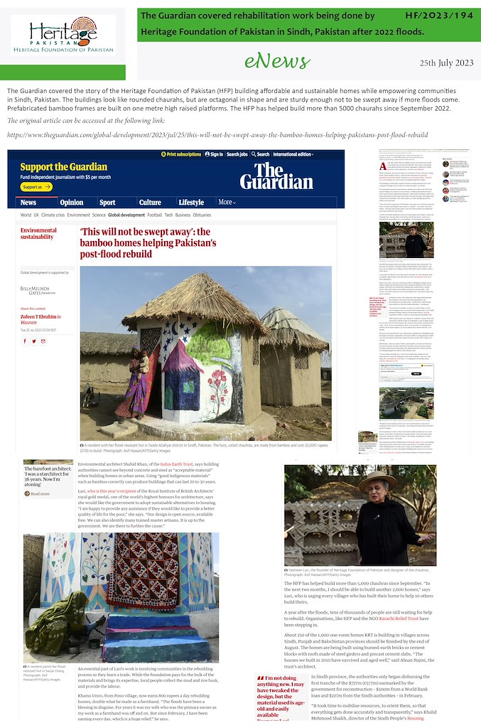 The Guardian covered rehabilitation work being done by  Heritage Foundation of Pakistan in Sindh, Pakistan after 2022 floods.